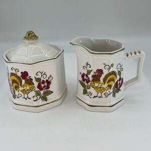 Mikasa Stoneware Terra Stone Heritage Creamer & Sugar 7125 Pattern Rooster Japan